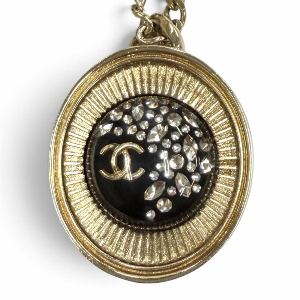 CHANEL D21B Coco Mark Rhinestone Chain Necklace Pendant Gold Black Made in Fr...